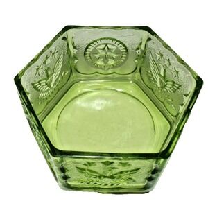 Indiana Glass Stars & Eagles Green Glass Hexagon Trinket Box Dish - NO LID
